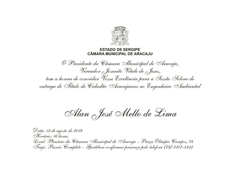 Alan José Mello de Lima receberá título de Cidadão Aracajuano