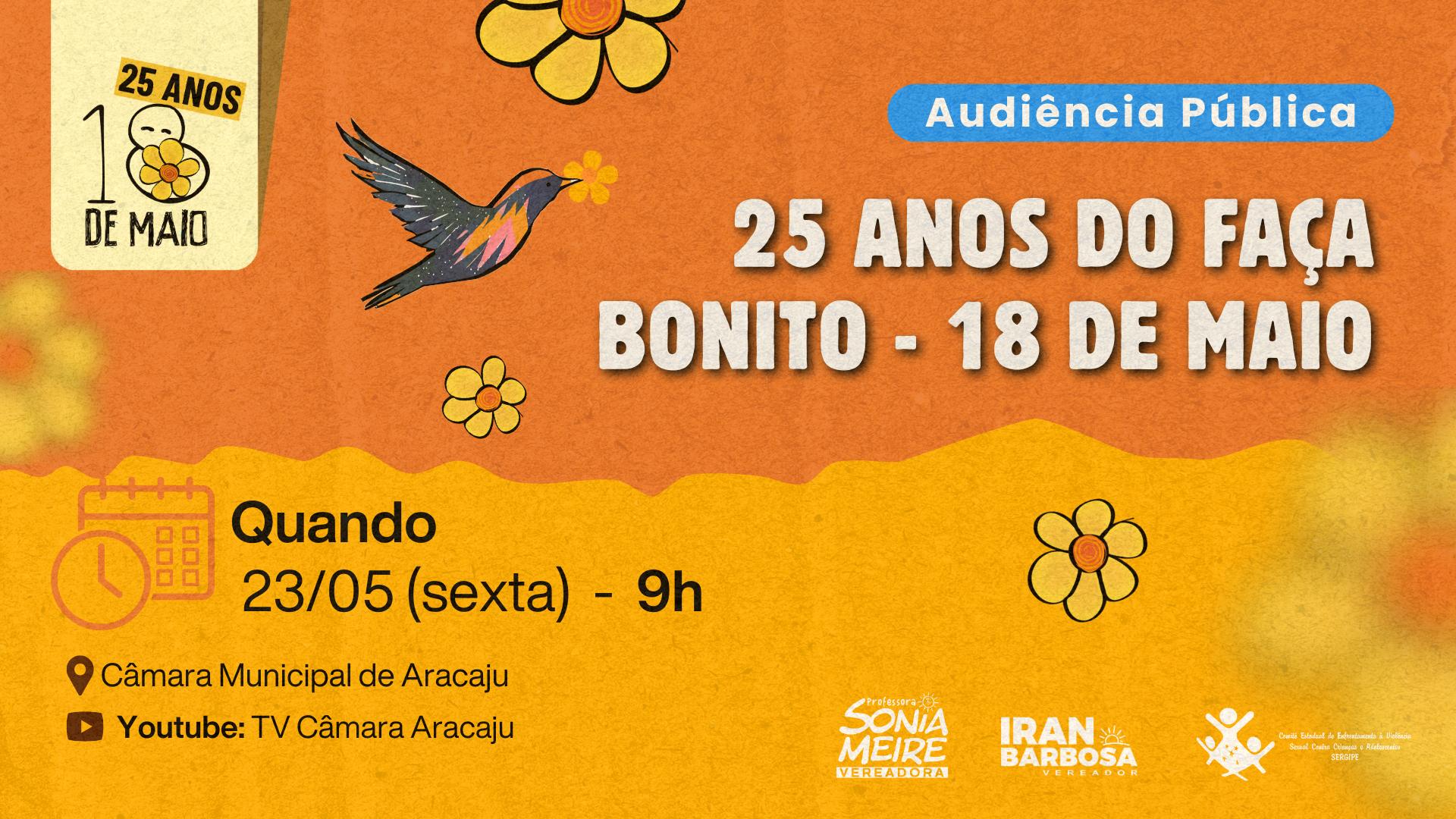 Audiência Pública ‘25 anos do faça bonito - 18 de maio’ será realizada na câmara municipal de Aracaju