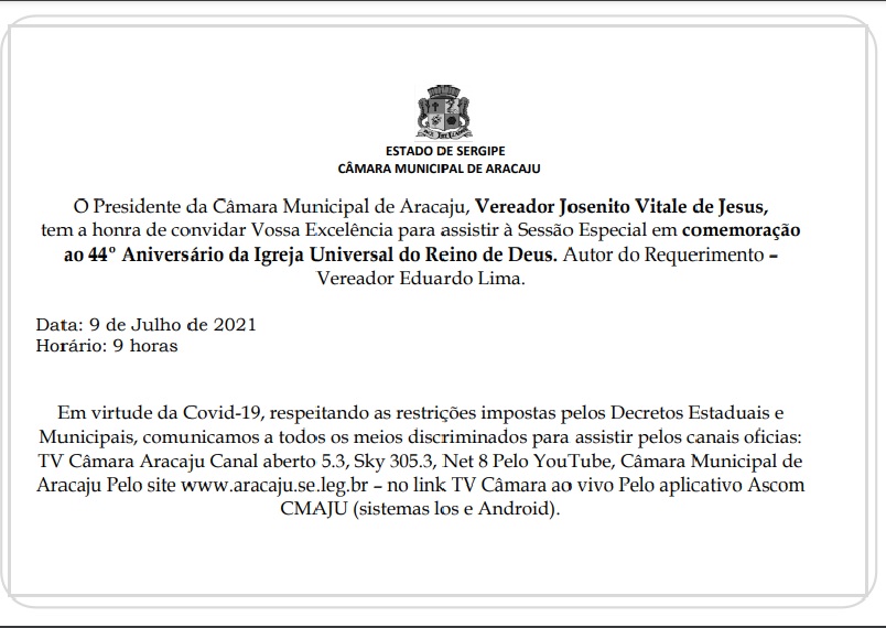 Câmara realizará Sessão Especial em homenagem aos 44 anos da Igreja Universal