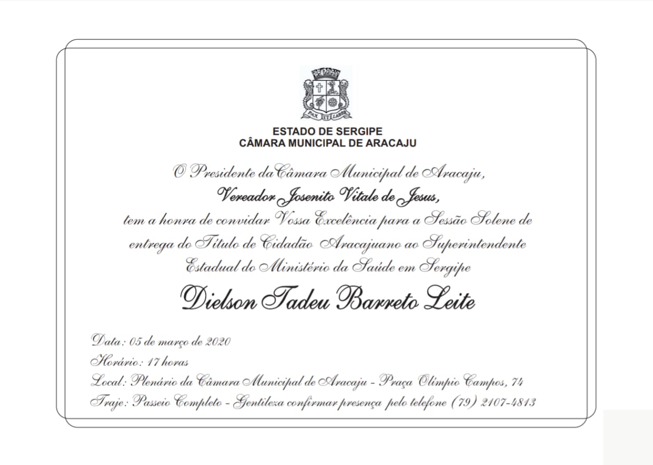 Superintendente Estadual do Ministério da Saúde em Sergipe receberá título de Cidadão Aracajuano
