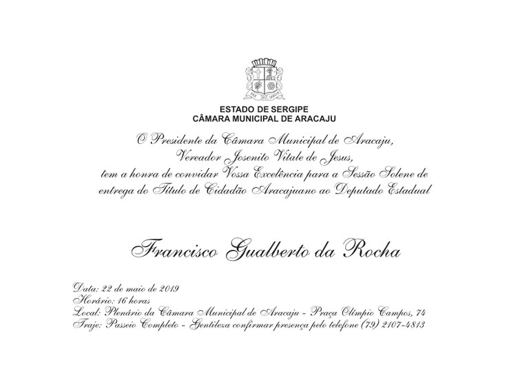 CMA concederá título de Cidadão Aracajuano ao deputado estadual Francisco Gualberto