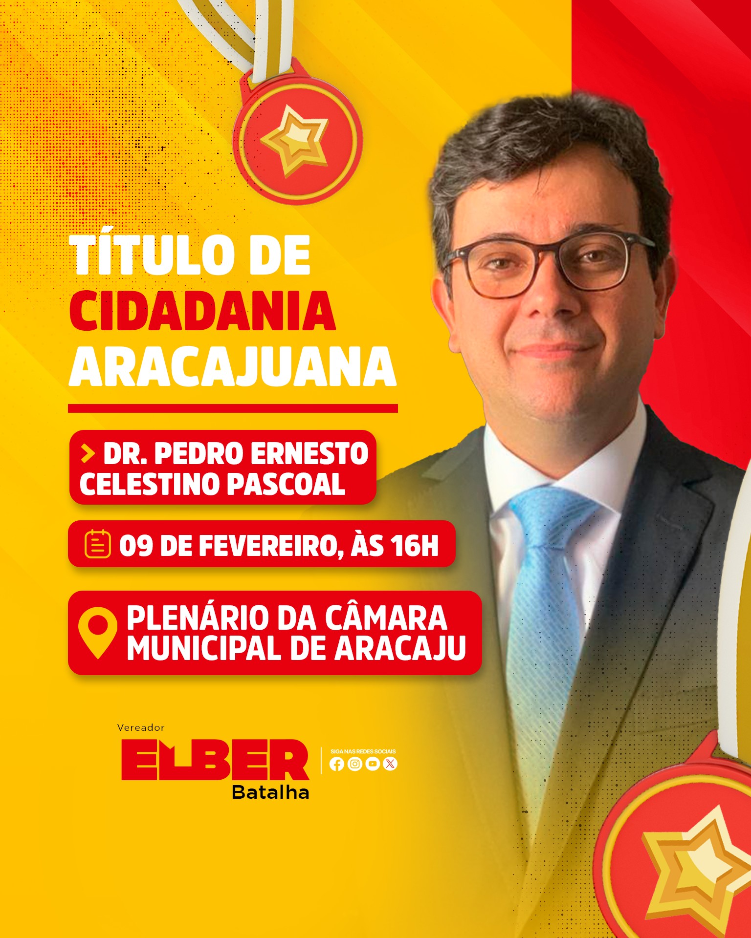 Com autoria de Elber, advogado Pedro Ernesto recebe Título de Cidadão Aracajuano nesta segunda, 9 