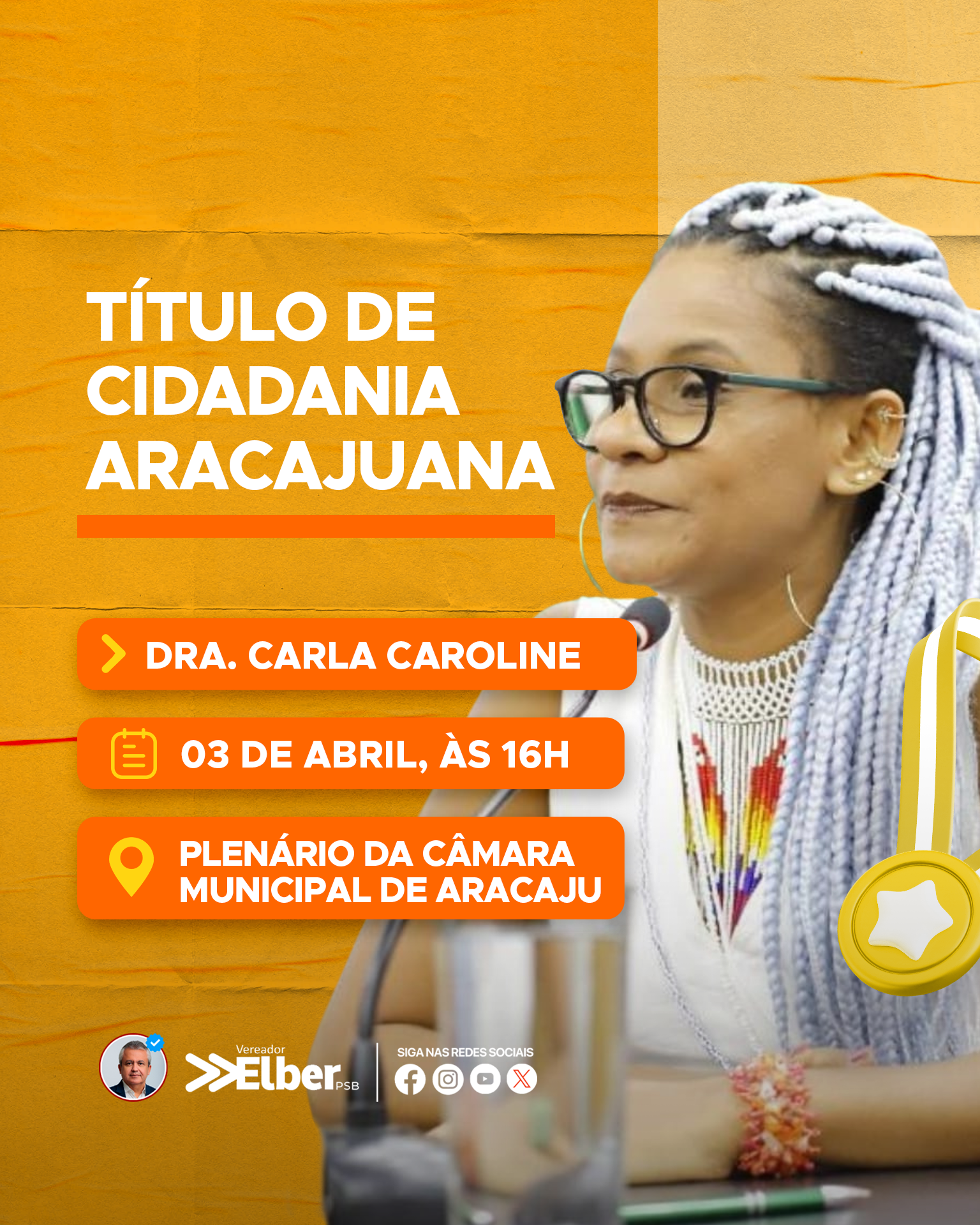 Com autoria de Elber, Carla Caroline recebe Título de Cidadã Aracajuana 