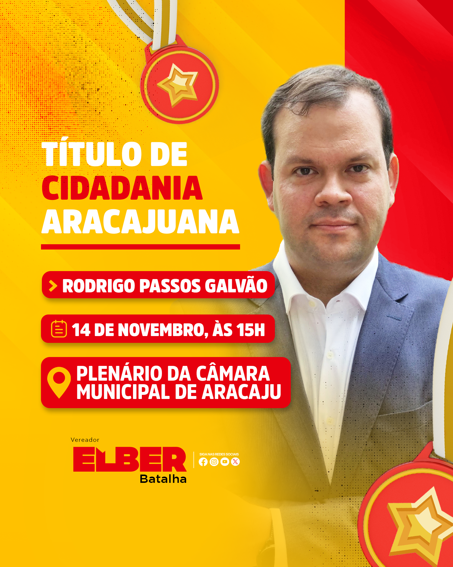 Com autoria de Elber, Rodrigo Galvão recebe Título de Cidadão Aracajuano nesta sexta, 14 