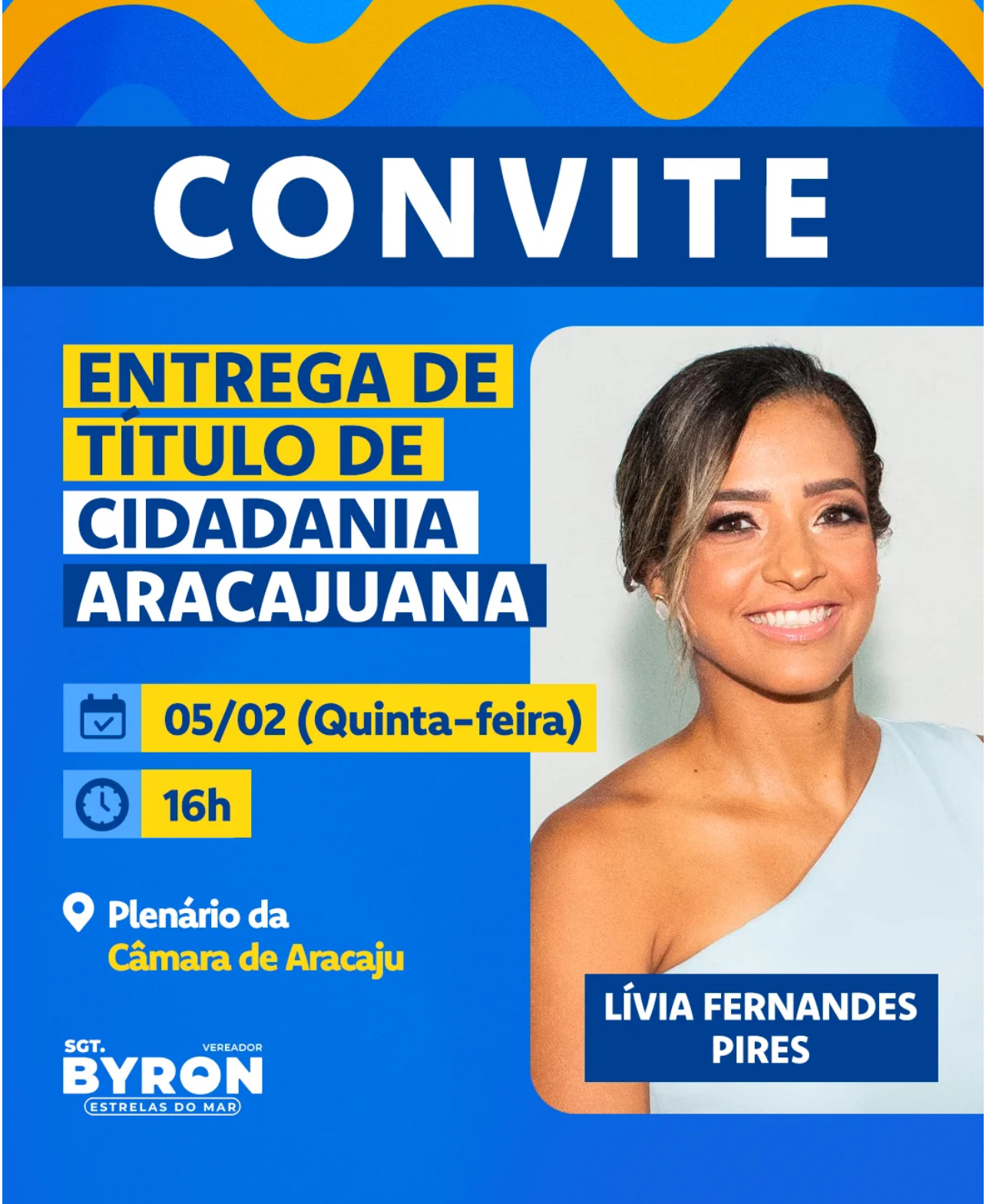 De autoria do vereador Sargento Byron, CMA concede Título de Cidadania Aracajuana à Lívia Pires, nesta quinta-feira, 05/02