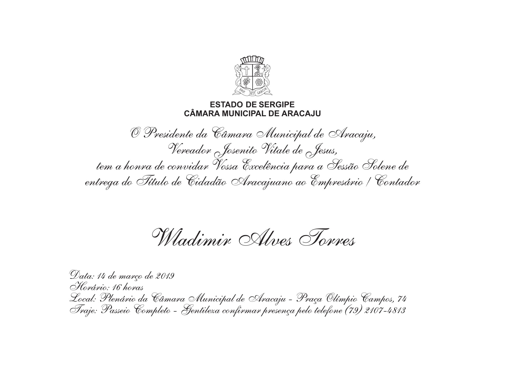 Empresário e contador Wladimir Alves Torres receberá título de Cidadão Aracajuano