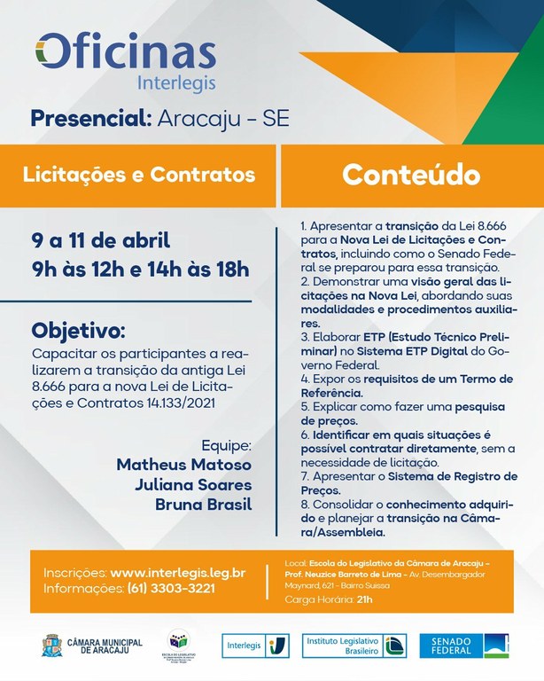 Escola do Legislativo de Aracaju, em parceria com o Interlegis, oferta oficina sobre licitações e contratos