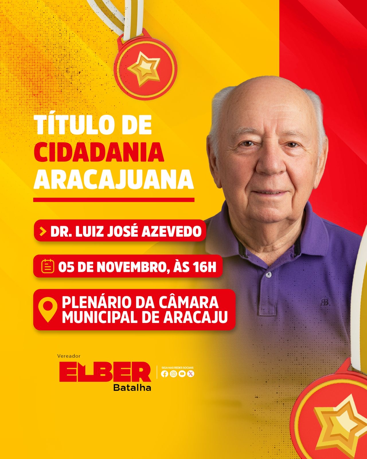 Ex-prefeito Luiz José Azevedo recebe Título de Cidadão Aracajuano com autoria de Elber nesta quarta, 5 