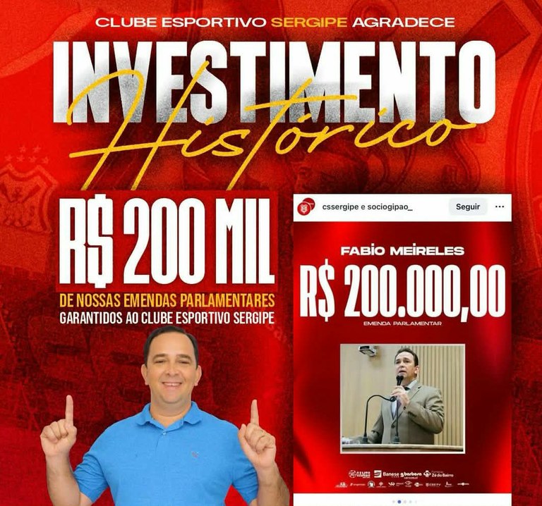 Fábio Meireles (PDT) destina emenda histórica de R$ 200 mil ao Clube Sportivo Sergipe 