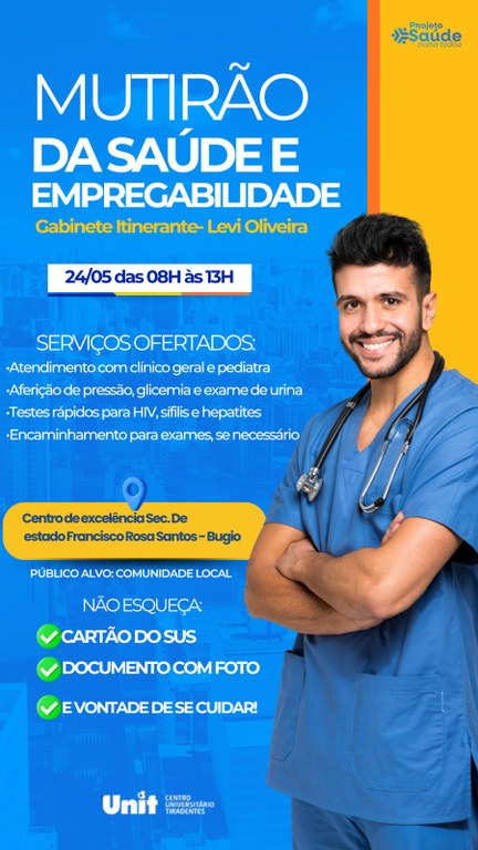 Levi Oliveira realizará Gabinete Itinerante durante Mutirão de Saúde e Empregabilidade no bairro Bugio