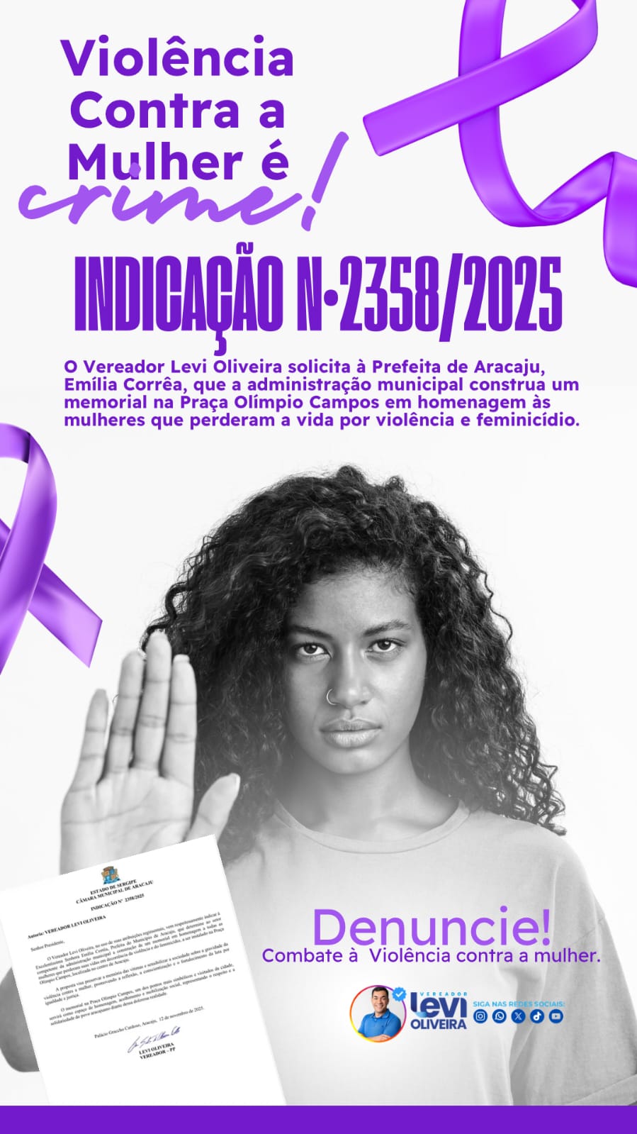 Levi Oliveira sugere criação de memorial para mulheres que faleceram por consequência de violência e feminicídio