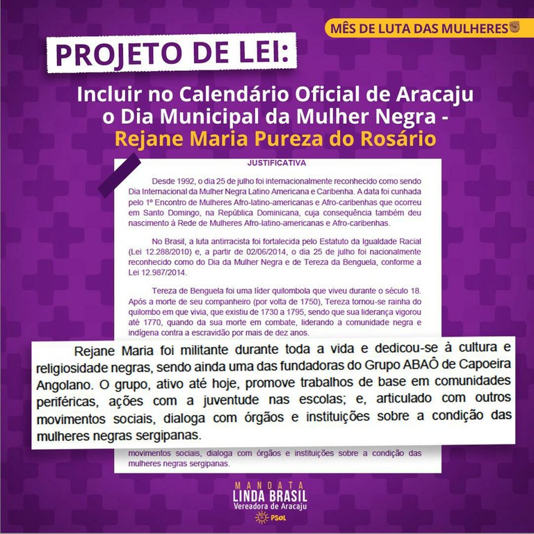Linda protocola PL que estabelece o Dia Municipal da Mulher Negra - Rejane Maria Pureza do Rosário