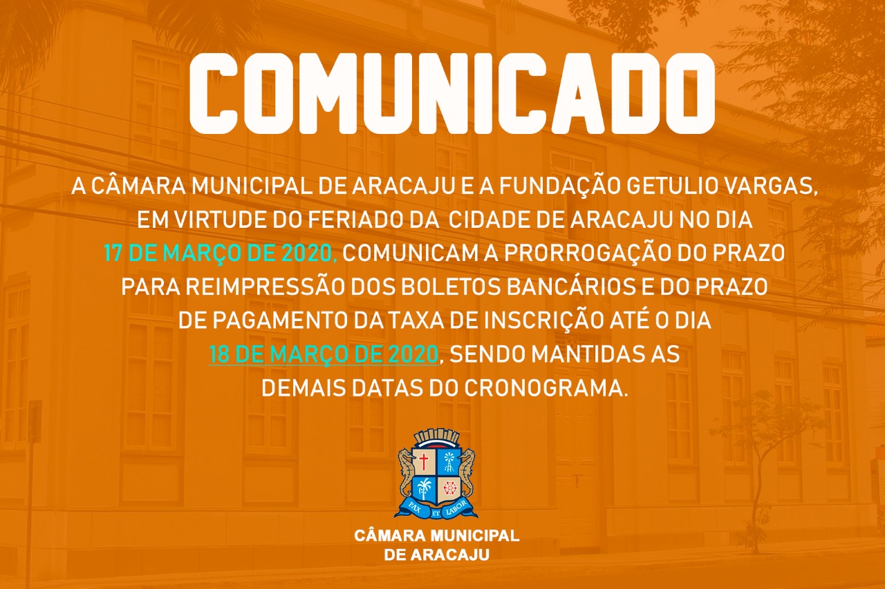 Prorrogado o prazo para pagamento do boleto bancário para o concurso da Câmara de Aracaju