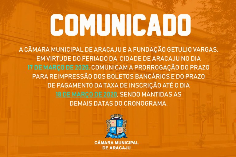Prorrogado o prazo para pagamento do boleto bancário para o concurso da Câmara de Aracaju